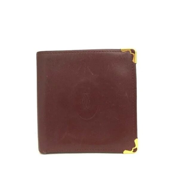 Must De Cartier Bordeaux Leather Bifold Walletw/ Gold corners Unisex Luxury